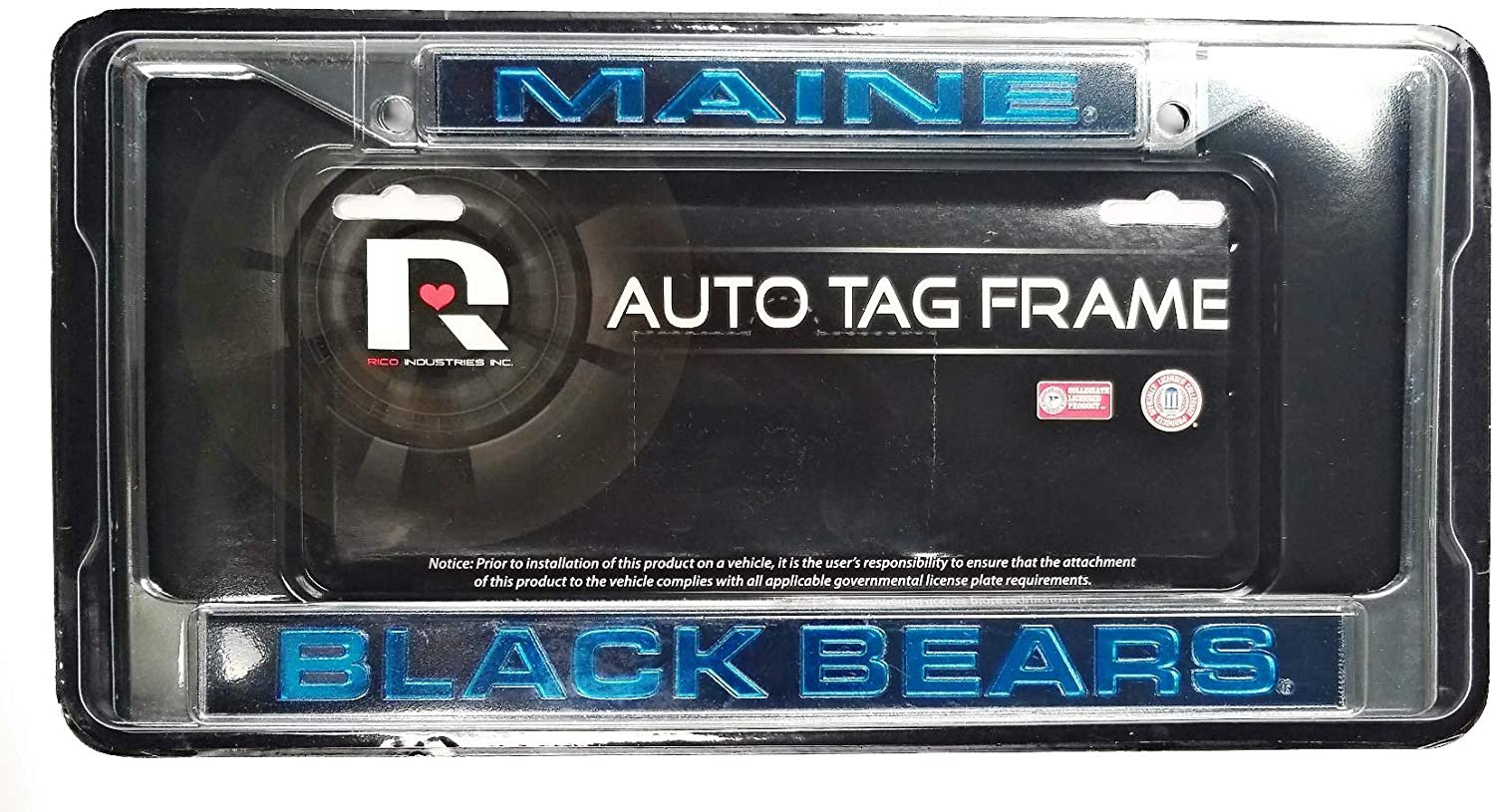 University of Maine Black Bears Chrome Metal License Plate Frame Tag Cover, Laser Acrylic Mirrored Inserts, 12x6 Inch