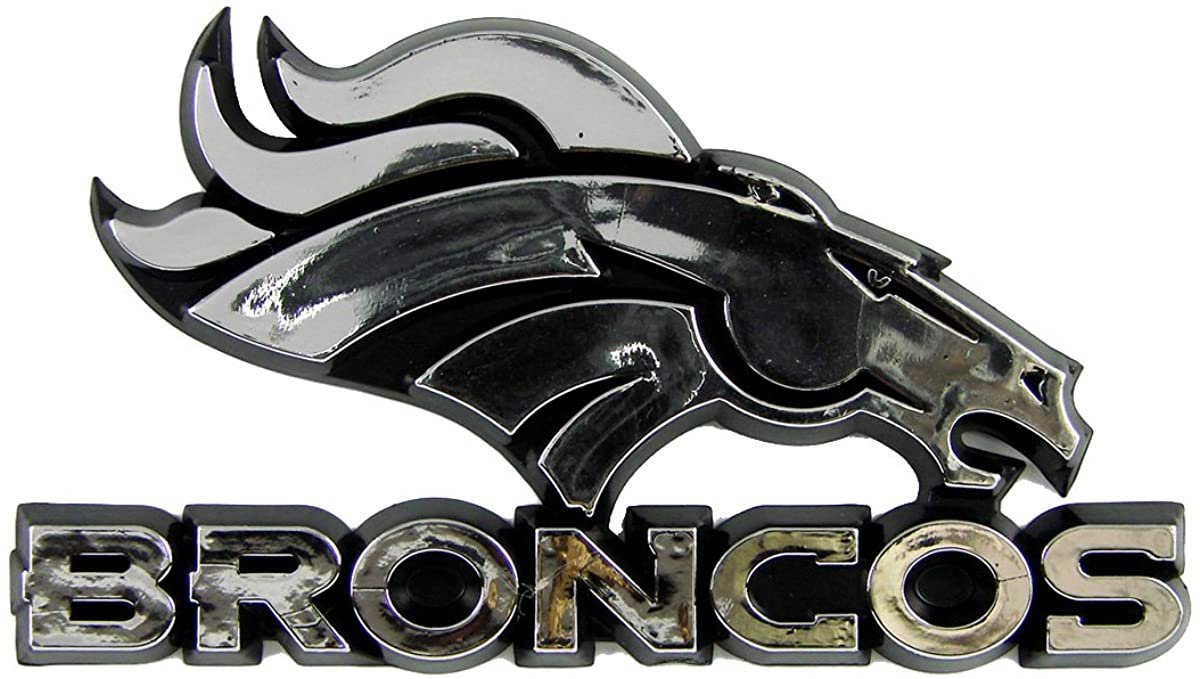 Denver Broncos Auto Emblem, Plastic Molded, Silver Chrome Color, Raised 3D Effect, Adhesive Backing