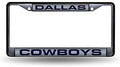 Dallas Cowboys Black Metal License Plate Frame Tag Cover, Laser Acrylic Mirrored Inserts, 12x6 Inch