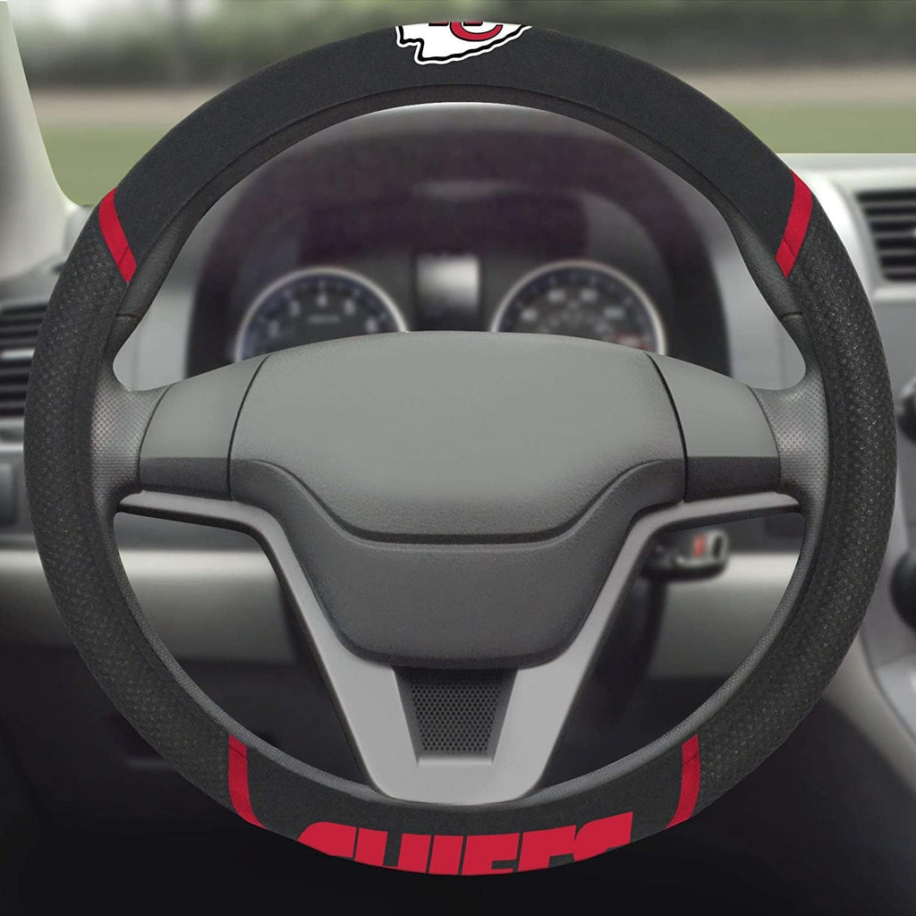 Kansas City Chiefs Steering Wheel Cover Premium Embroidered Black 15 Inch