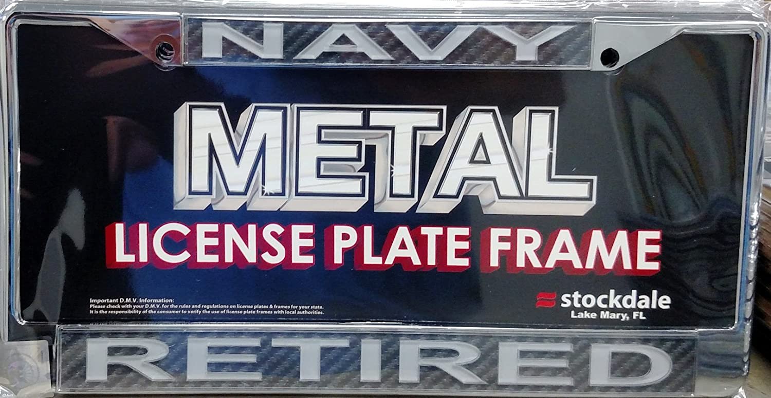 United States Navy Retired Military Chrome Metal License Plate Frame Tag Cover, Laser Acrylic Mirrored Inserts, 12x6 Inch