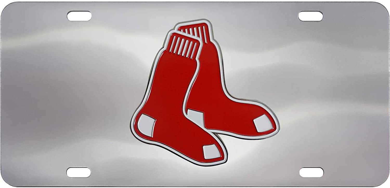 Boston Red Sox License Plate Tag, Premium Stainless Steel Diecast, Chrome, Raised Solid Metal Color Emblem, 6x12 Inch
