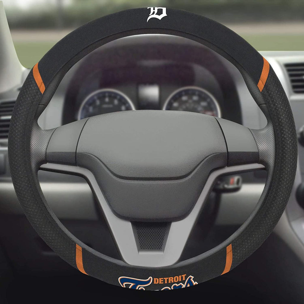 Detroit Tigers Steering Wheel Cover Premium Embroidered Black 15 Inch