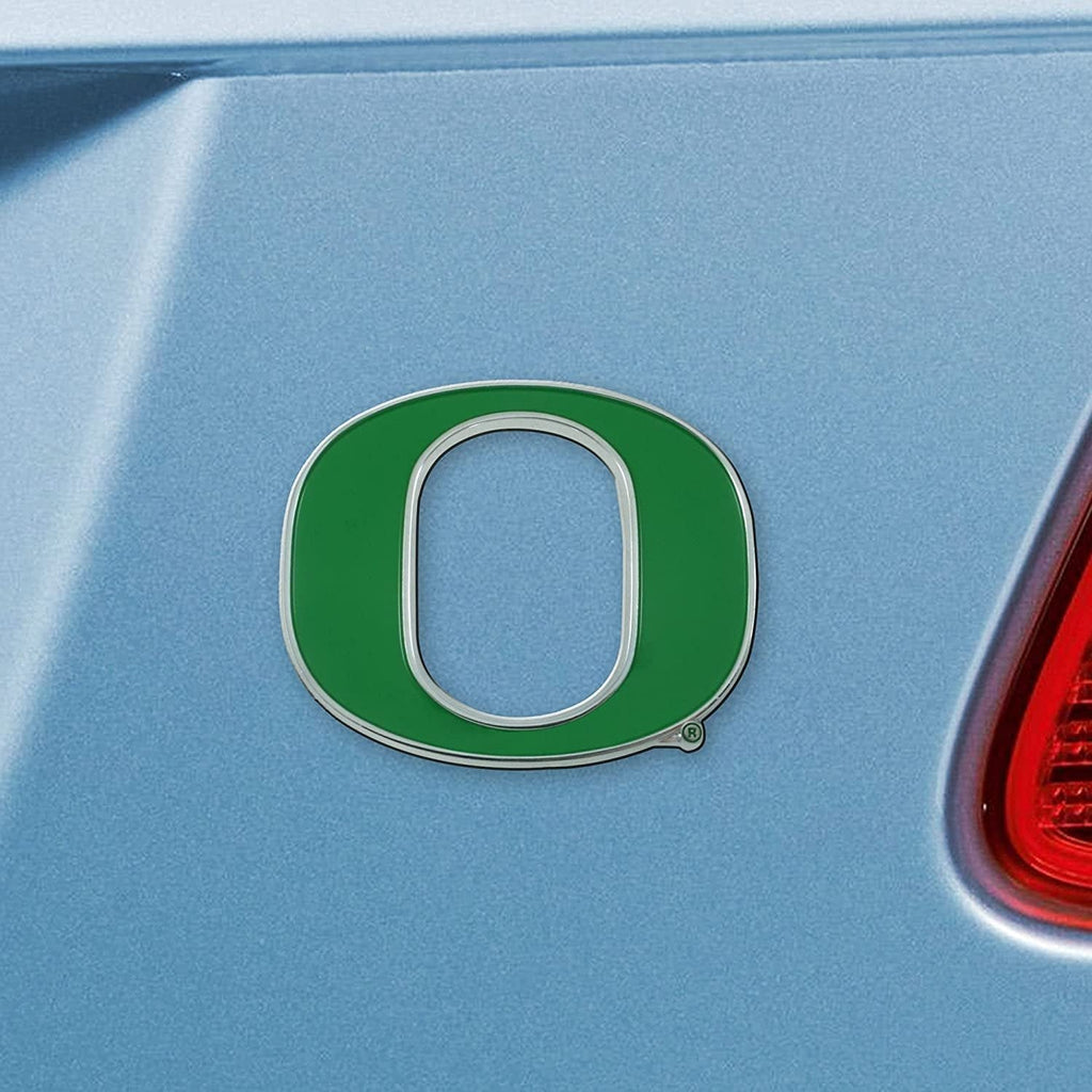 University of Oregon Ducks Premium Solid Metal Raised Auto Emblem, Team Color, Shape Cut, Adhesive Backing
