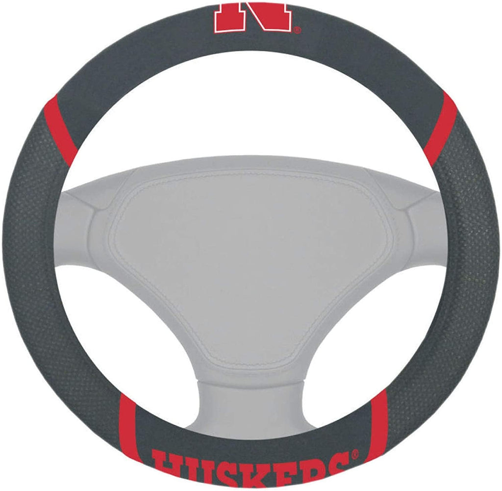 Nebraska Cornhuskers Steering Wheel Cover Premium Embroidered Black 15 Inch University of