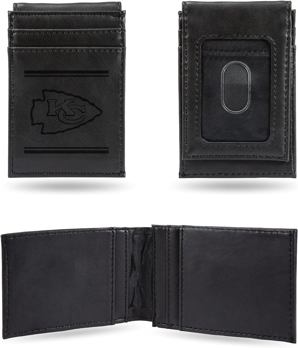 Kansas City Chiefs Premium Black Leather Wallet, Front Pocket Magnetic Money Clip, Laser Engraved, Vegan