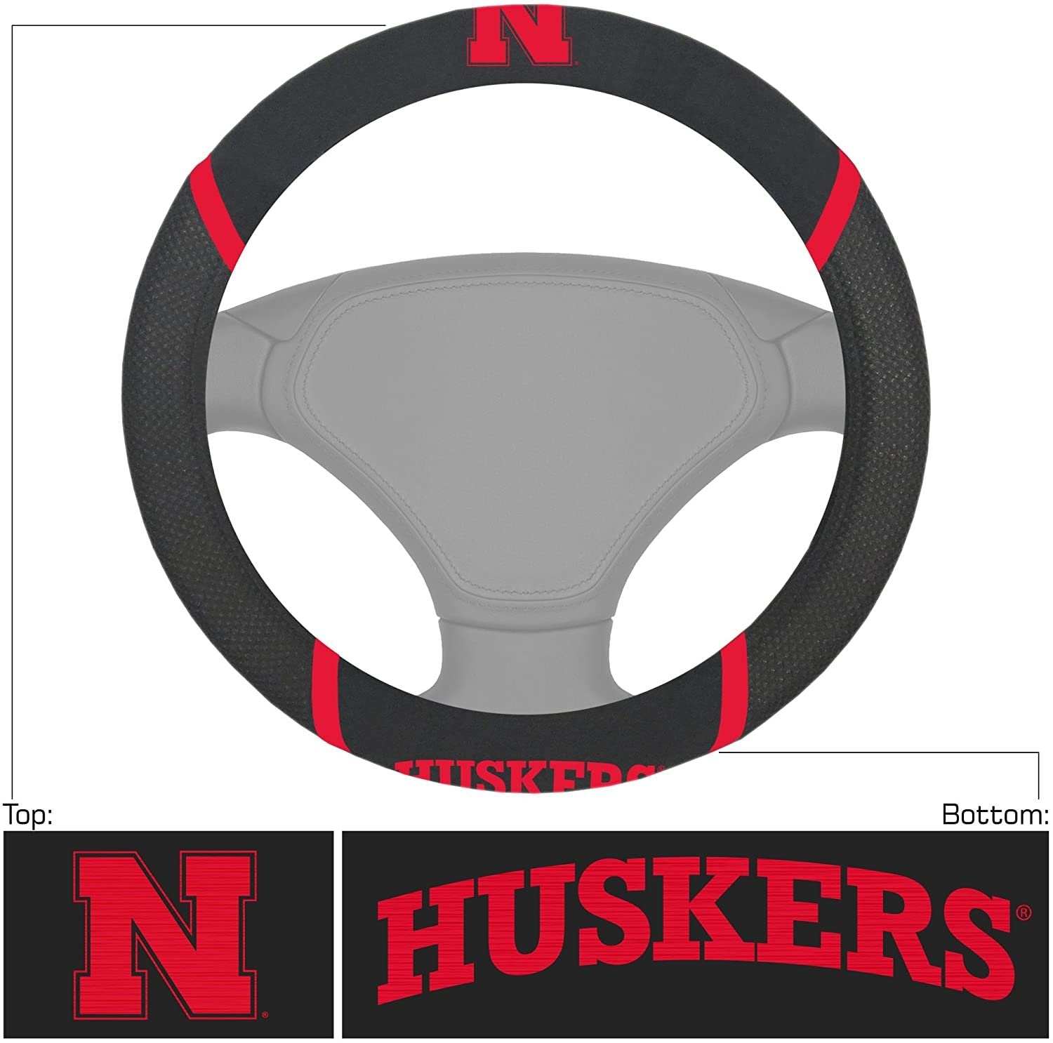 Nebraska Cornhuskers Steering Wheel Cover Premium Embroidered Black 15 Inch University of