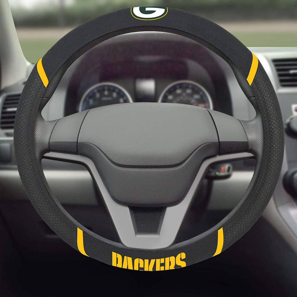 Green Bay Packers Steering Wheel Cover Premium Embroidered Black 15 Inch