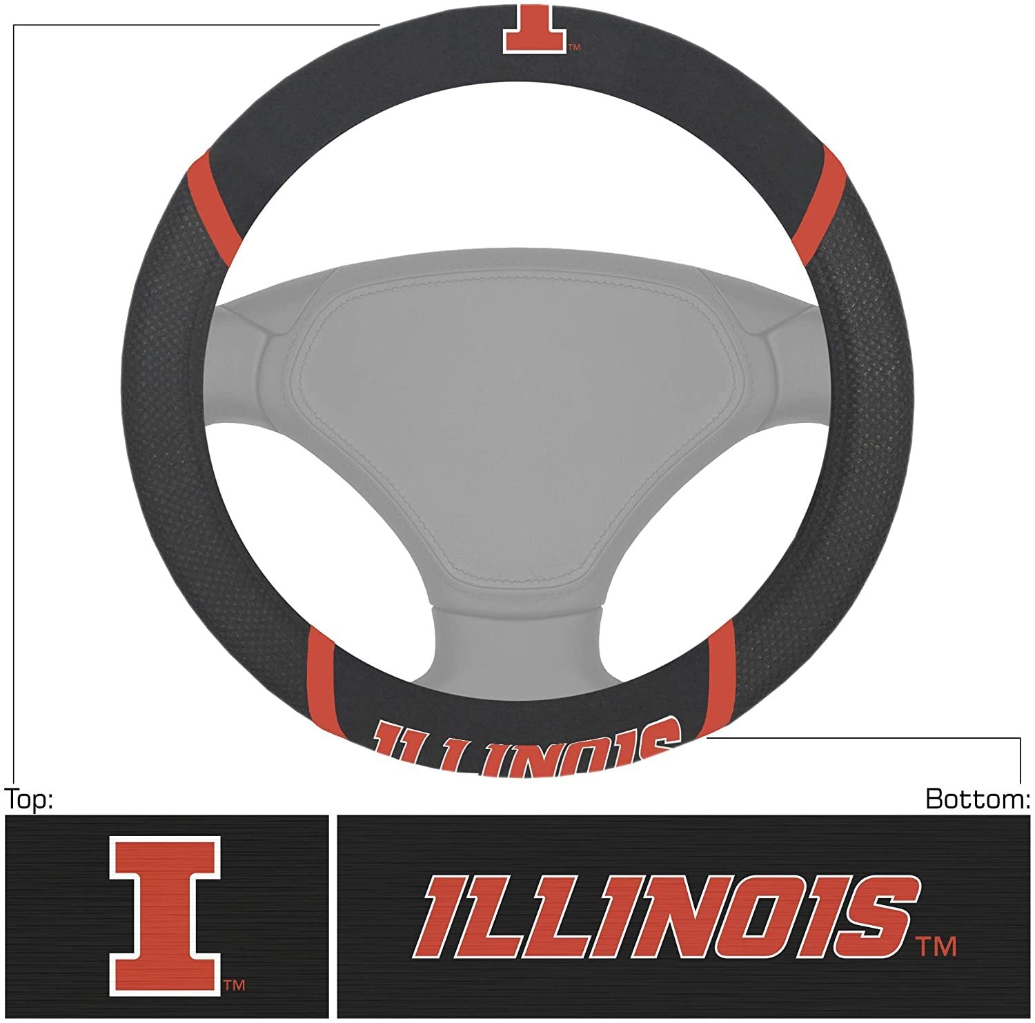 Illinois Illini Premium Black Embroidered 15 Inch Steering Wheel Cover University of
