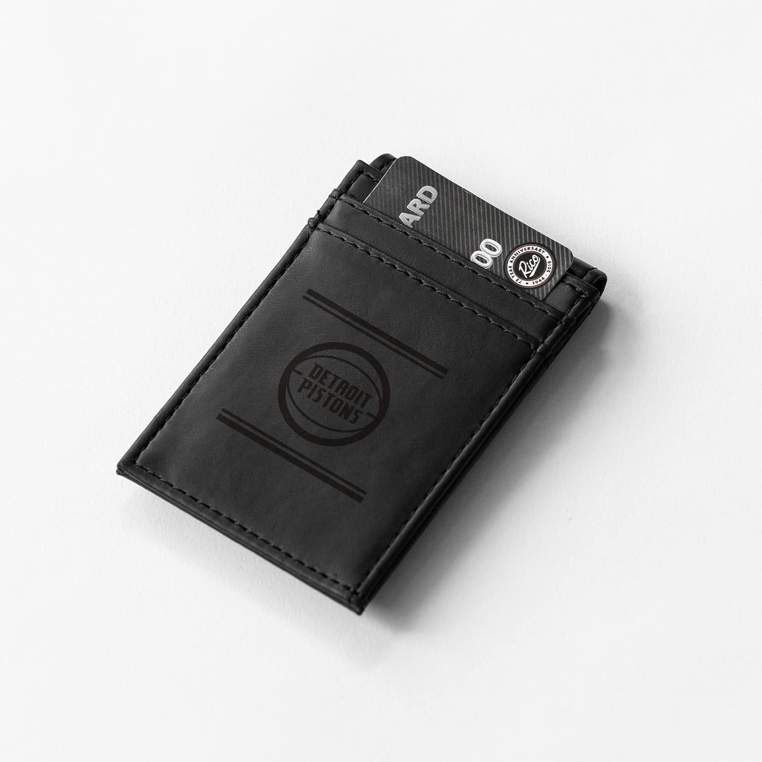 Rico Industries NBA Detroit Pistons Premium Laser Engraved Vegan Black Leather Front Pocket Wallet - Compact and Slim yet Sturdy Design - Perfect to Show Your Team Pride or Gift