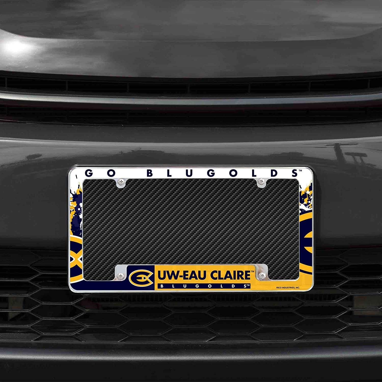University of Wisconsin Eau Claire Blugolds Metal License Plate Frame Tag Cover All Over Design 12x6 Inch