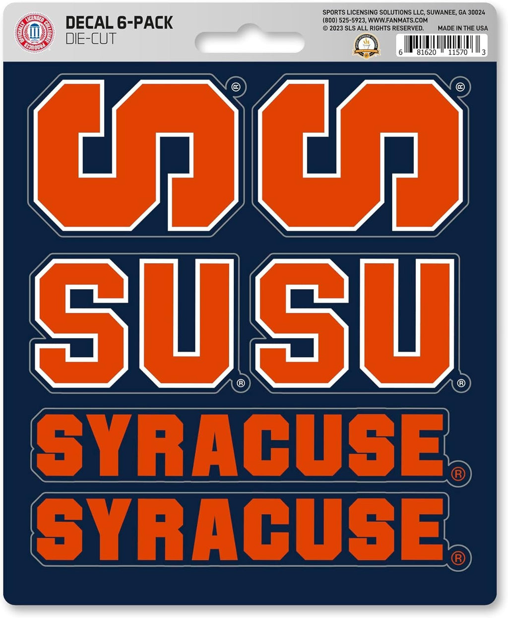 Syracuse University Orange 6-Piece Decal Sticker Set, 5x6 Inch Sheet, Gift for football fans for any hard surfaces around home, automotive, personal items