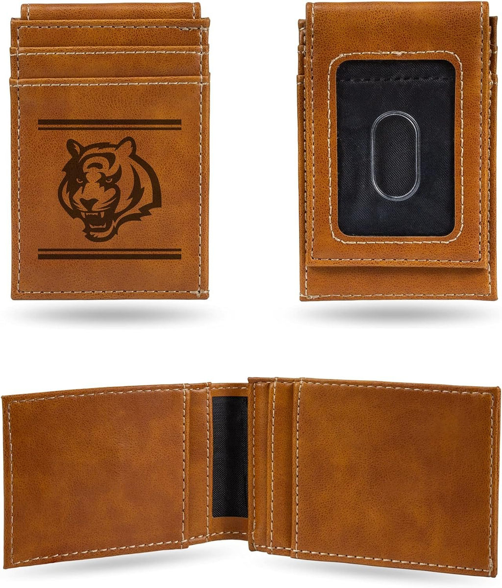 Rico Industries NFL Cincinnati Bengals Premium Laser Engraved Vegan Brown Leather Front Pocket Wallet - Compact and Slim yet Sturdy Design - Perfect to Show Your Team Pride or Gift