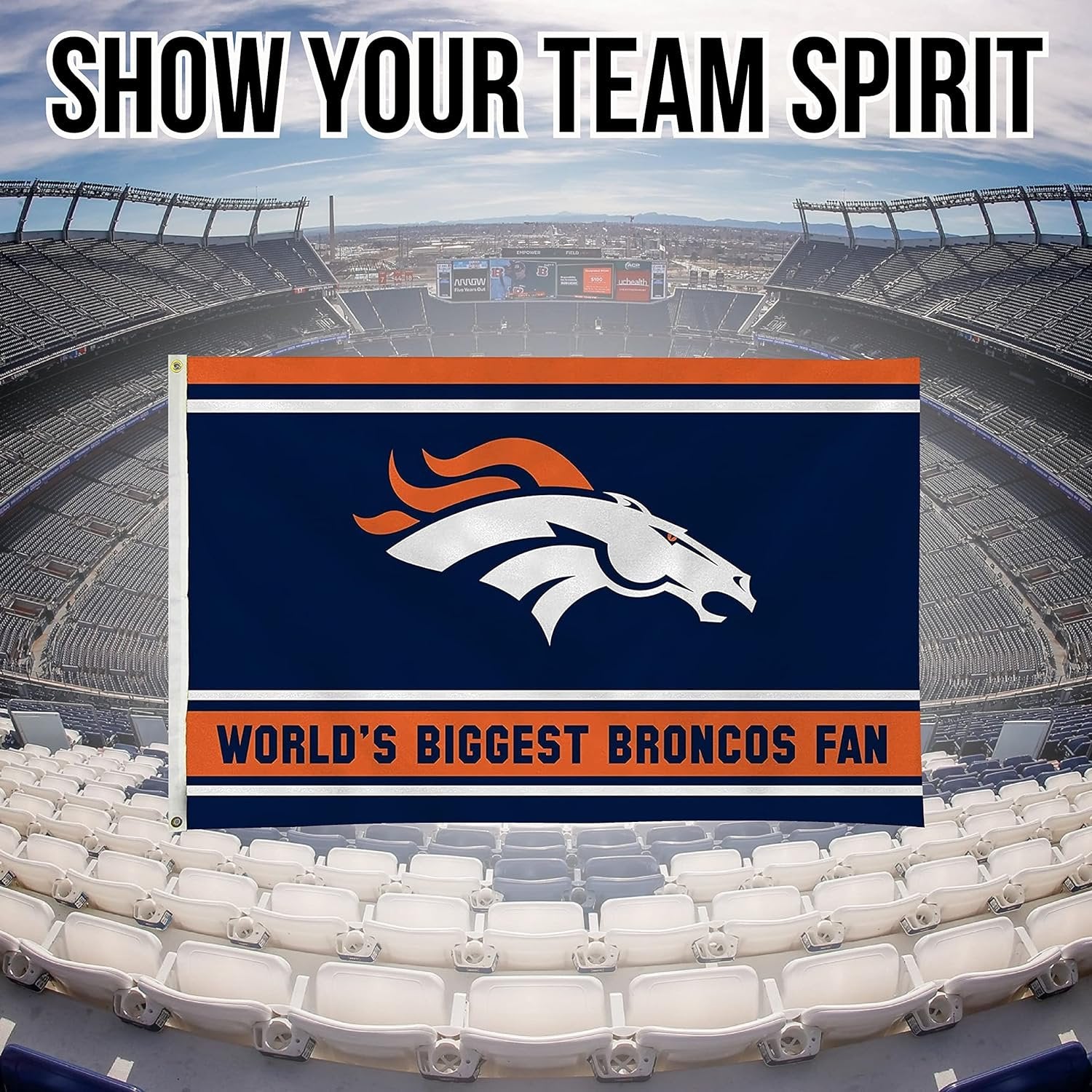 Denver Broncos 3x5 Feet Flag Banner, World's Biggest Fan, Metal Grommets, Single Sided, Indoor or Outdoor Use