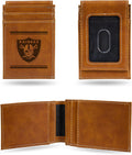 Rico Industries NFL Las Vegas Raiders Premium Laser Engraved Vegan Brown Leather Front Pocket Wallet - Compact and Slim yet Sturdy Design - Perfect to Show Your Team Pride or Gift