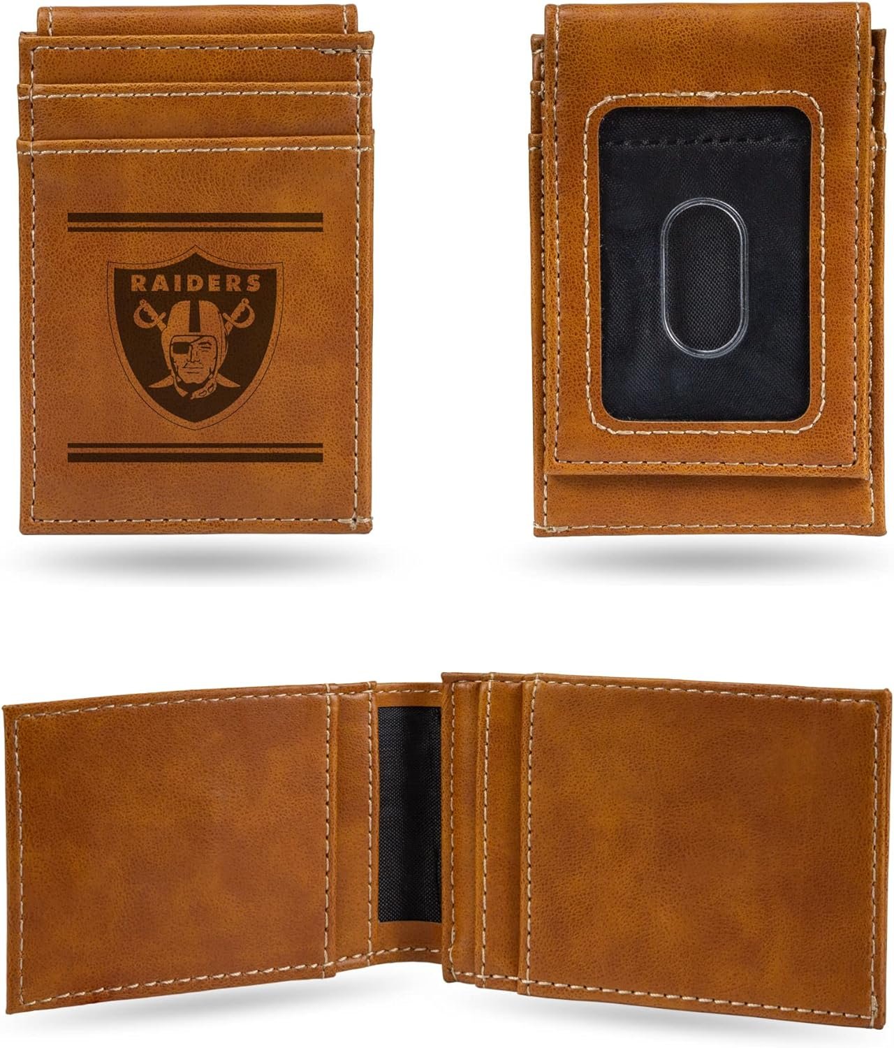 Rico Industries NFL Las Vegas Raiders Premium Laser Engraved Vegan Brown Leather Front Pocket Wallet - Compact and Slim yet Sturdy Design - Perfect to Show Your Team Pride or Gift