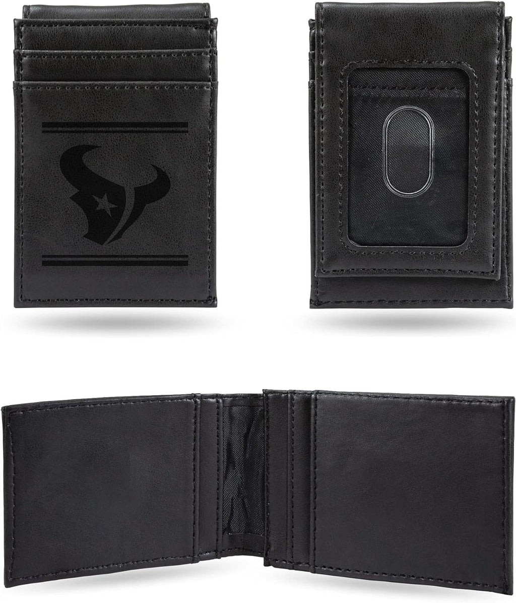 Houston Texans Premium Black Leather Wallet, Front Pocket Magnetic Money Clip, Laser Engraved, Vegan