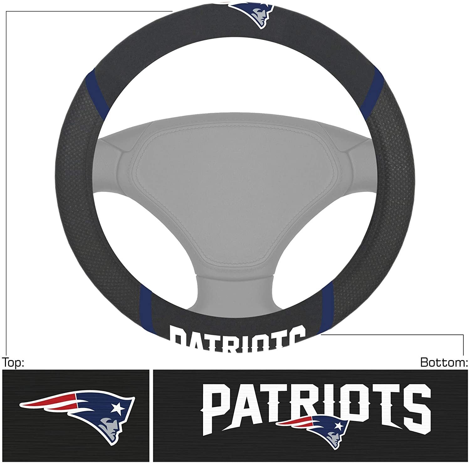 New England Patriots Premium 15 Inch Black Emroidered Steering Wheel Cover